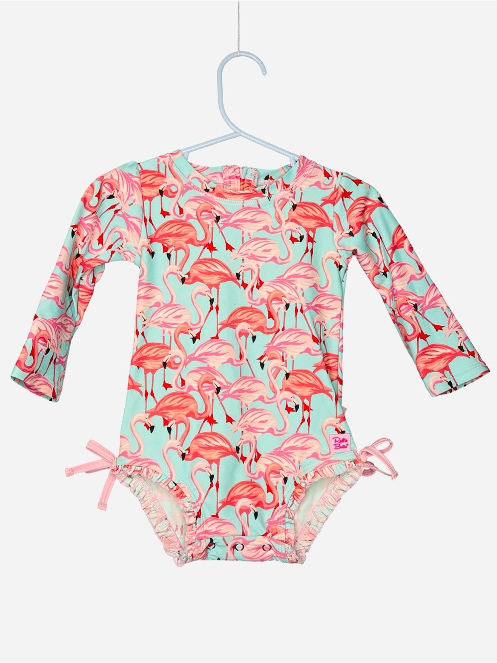 RuffleButts Pink Flamingo Rashguard Swimsuit UPF 50+ Toddler 12-18 months
